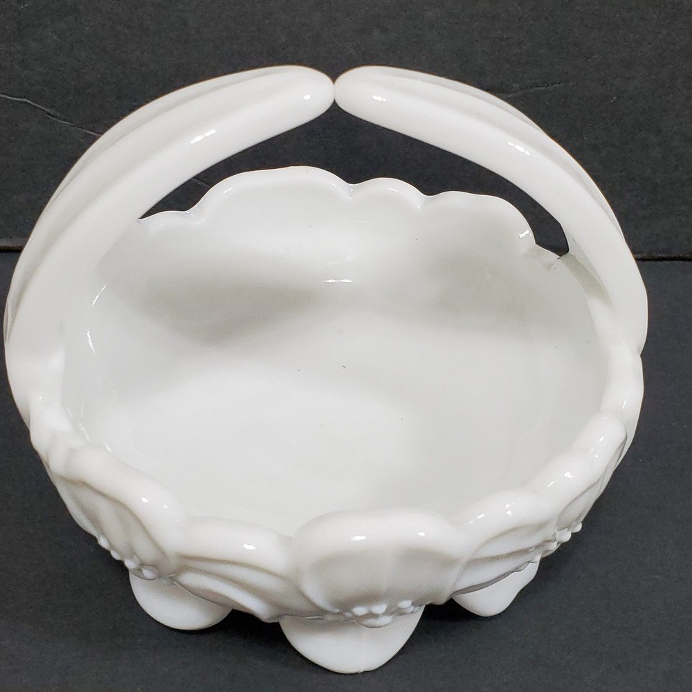 Vintage Westmoreland Milk Glass Poppy Pattern Basket with Split Handle White